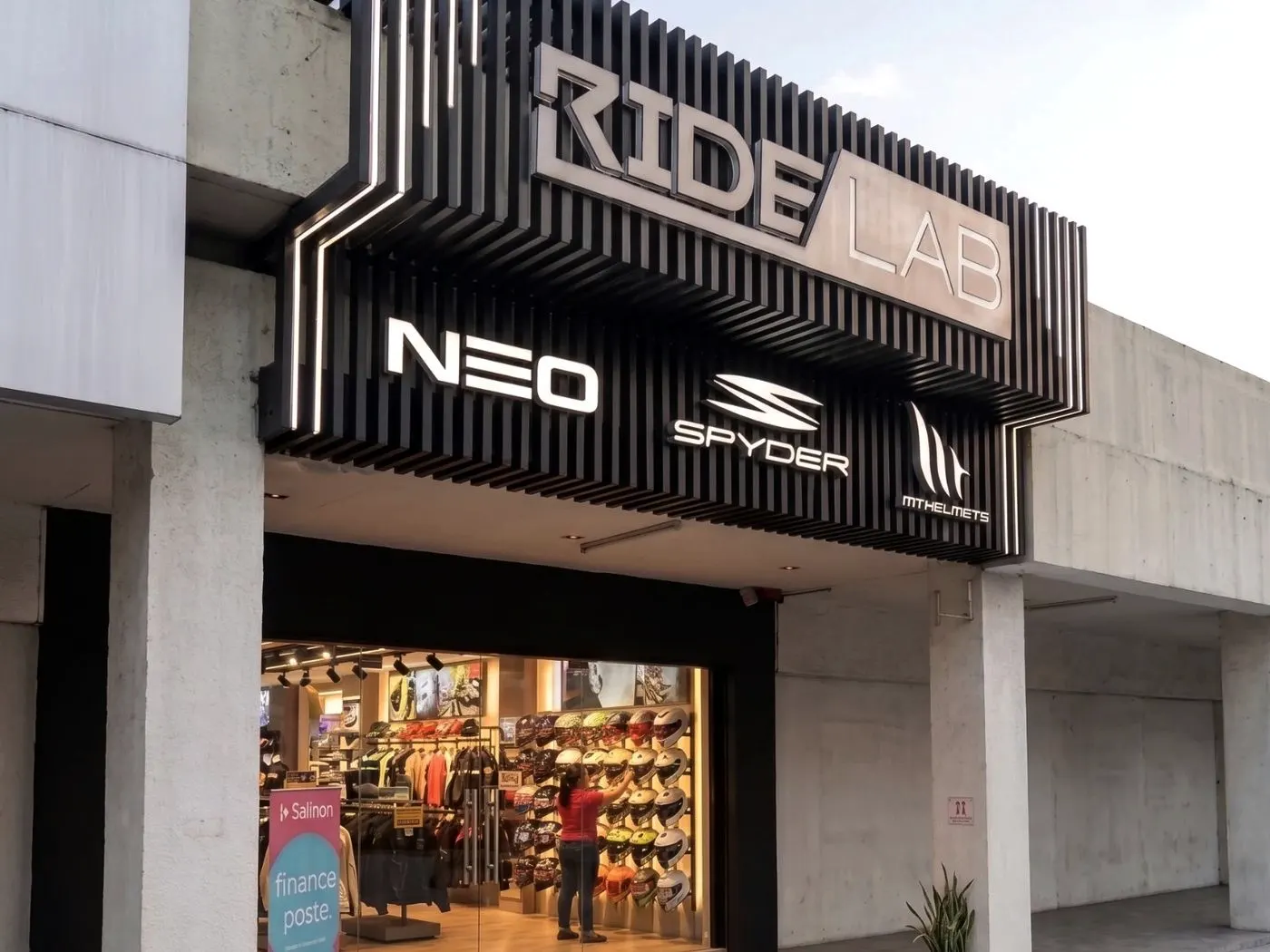 The RideLab flagship store front, with Neo, Spyder and MT Helmets under the RideLab sign